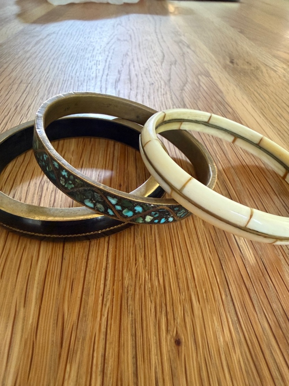 Stackable Brass, Wood, Ivory Shell & Turquoise Chip Inlay Vintage Bangle Set
